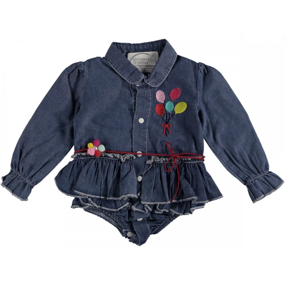 Balon Nakışlı Çıtçıtlı Kot Tulum