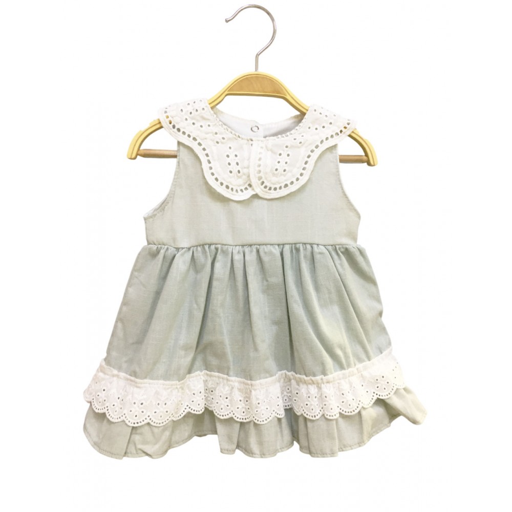 Fistolu Keten Bebek Elbise Yeşil