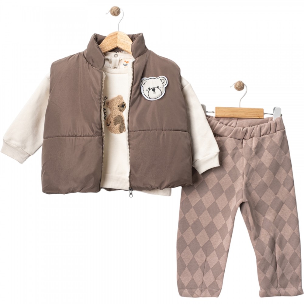 Ayıcık Yelekli 3lü Takım Kahve